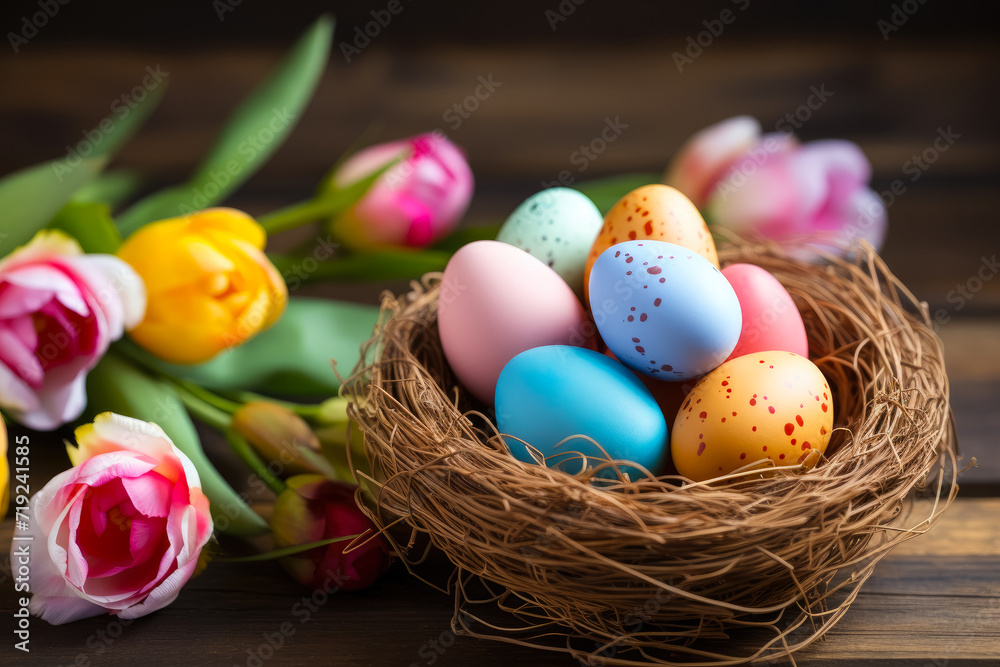 Easter nest with colorful Easter eggs and tulips on wooden background Easter nest with colorful Easter eggs and tulips on wooden background