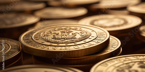 Shiny Metallic Wealth: A Close-Up of a Golden British Coin Stack on a Background of Gold and Silver Bullion photo