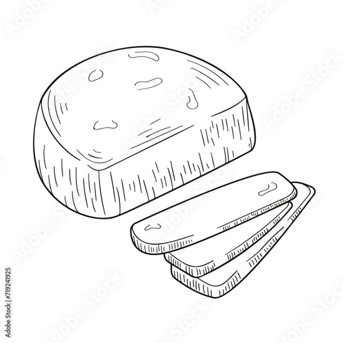 Suluguni Sakartvelo cheese in line art, hand drawn style. Cut slices of delicious soft cheese. Vector illustration isolated on a white background.