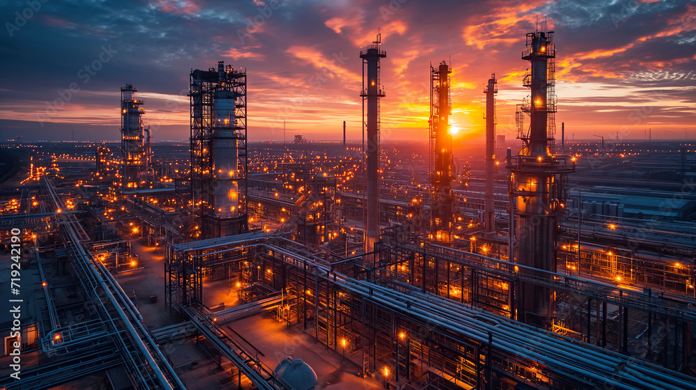 Sunset View of an Oil Refinery. Generative AI.