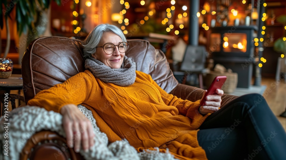 Elderly woman smiling while using a mobile smartphone with empty space for text placement