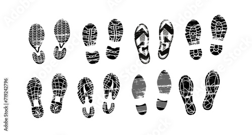 Footprints human shoes silhouette, Shoe soles vector collection, traces of boot great set collection clip art Silhouette, Pair of Bootprints on white background V1 photo