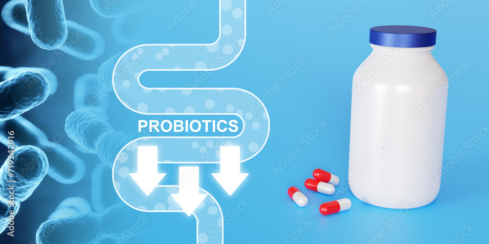 Probiotics banner template. Probiotic in capsule. Human microbiome concept. 3d-rendering Probiotics banner template. Probiotic in capsule. Human microbiome concept. 3d-rendering