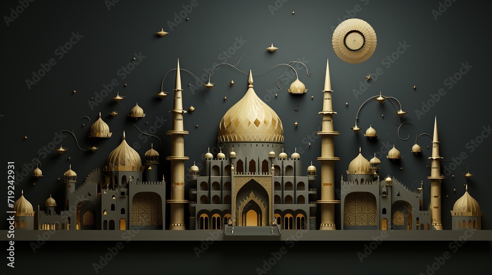 Beautiful mosque with crescent moon shape Eid Al Adha image, hijri new year background