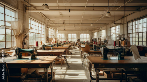 The interior of a clothing and textile workshop with sewing machines. The workspace of a seamstress and a dressmaker. A garment factory on an industrial scale, a large clothing business. photo