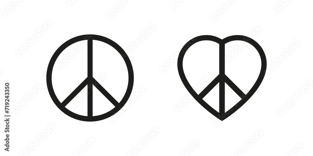 Peace symbol in circle and heart shape. Hippie world antiwar icons. Peace symbol in circle and heart shape. Hippie world antiwar icons.
