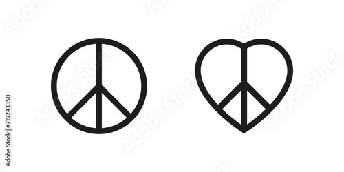 Peace symbol in circle and heart shape. Hippie world antiwar icons.
