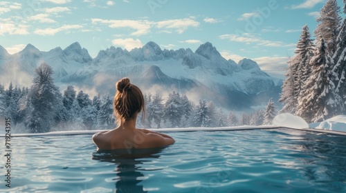 Beautiful woman relaxing in hot swimming pool with mountains in the background. photo