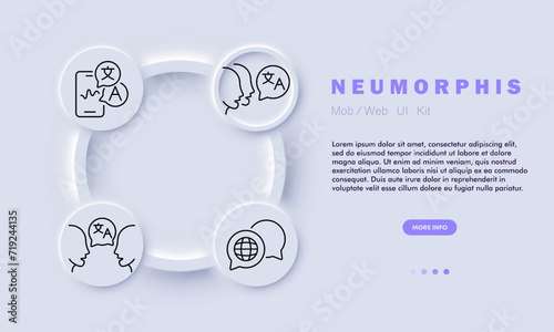 Translator set line icon. Language, dictionary, person, foreigner, work, words, synchronized interpreter, program. Neomorphism style. Vector line icon for business and advertising