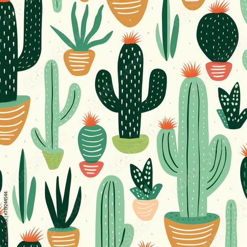 Hand drawn cactus plant doodle seamless pattern. Vintage style cartoon cacti houseplant background. Nature desert flora texture, mexican garden print. Natural interior graphic decoration wallpaper