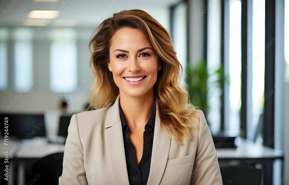 A confident and happy businesswoman is seen in the office, glancing at a camera. generative AI A confident and happy businesswoman is seen in the office, glancing at a camera. generative AI