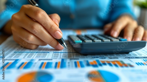 In a scene of finance and investment, hands engage in accounting analysis over a budget document, with a calculator at the ready, epitomizing tax planning precision.
