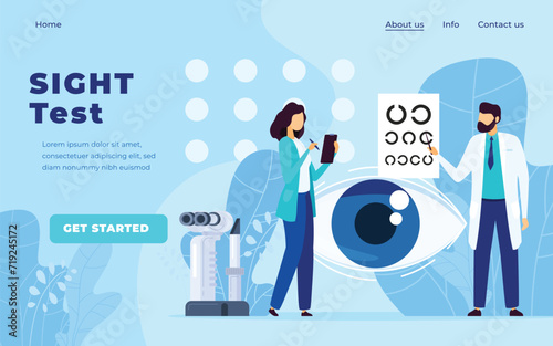 Female doctor noting results, male patient reading eye chart in optometrist scene. Optometry practice with modern ocular equipment display.