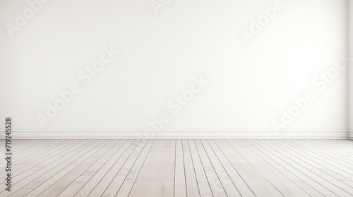 Rendering of a white wall view, illustration of an antique wooden floor interior, White empty room interior. The inside of the background. Nordic house interior.empty wall for writing photo