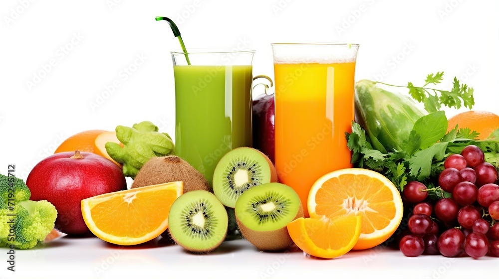 Glass of colorful healthy fresh drink from fruit and vegetables.arrangement of colorful fresh fruit around the glass. white background Glass of colorful healthy fresh drink from fruit and vegetables.arrangement of colorful fresh fruit around the glass. white background