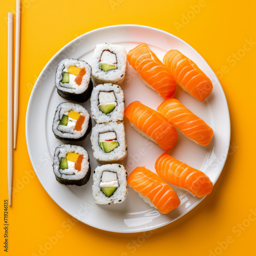 Bright sushi arrangement on a yellow background.