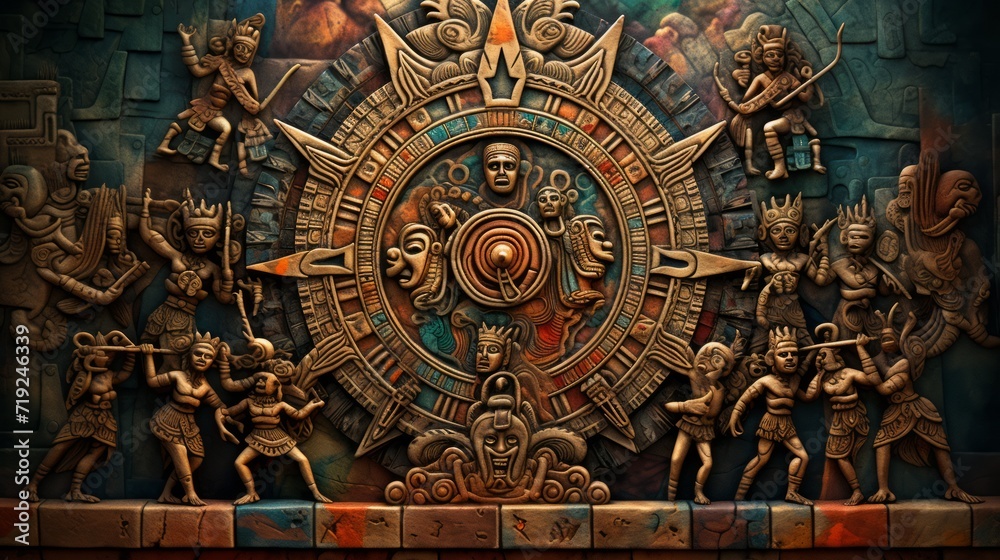 Mayan calendar colorful background. Neural network AI generated art