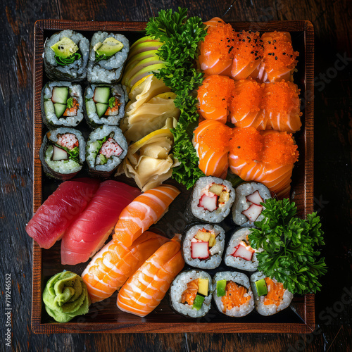 Close-up of assorted sushi on black suqare plate.