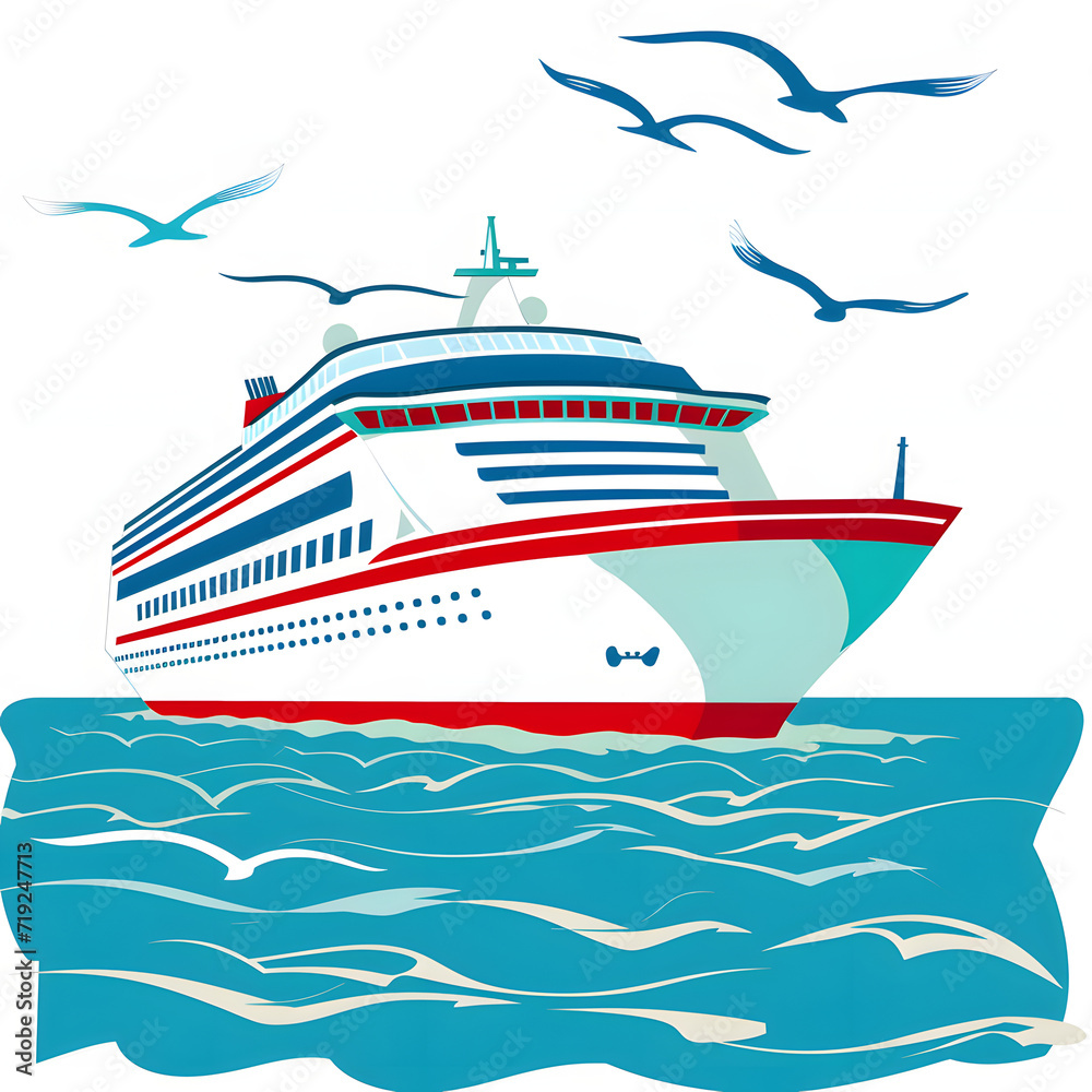 Cruise ship on the open sea isolated on white background, simple style, png
