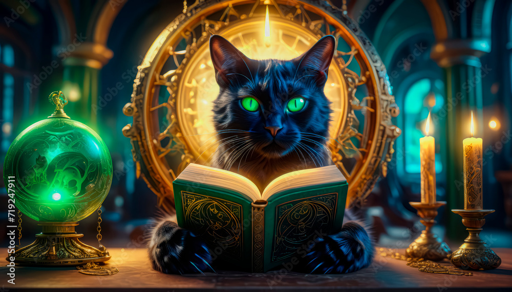 A magical black cat tells fortunes on a Magic Book from the wizard's room