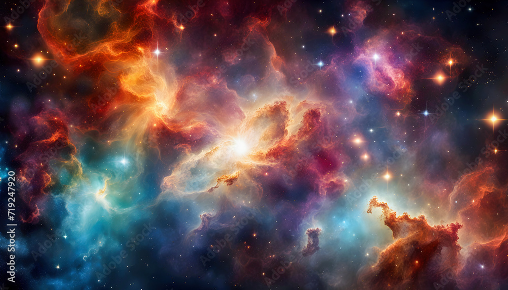 Vibrant Cosmic Nebula with Interstellar Clouds and Stars