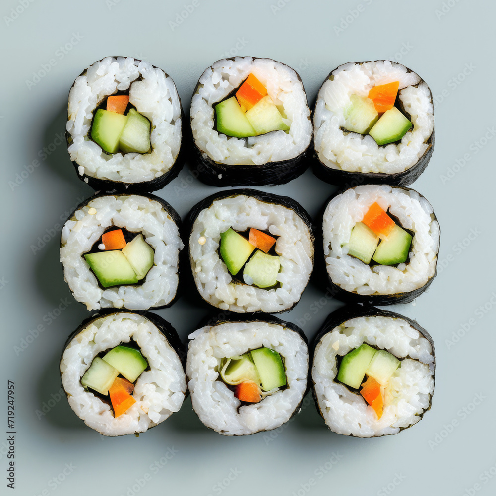 Vegetarian sushi rolls on plain background. Vegetarian sushi rolls on plain background.