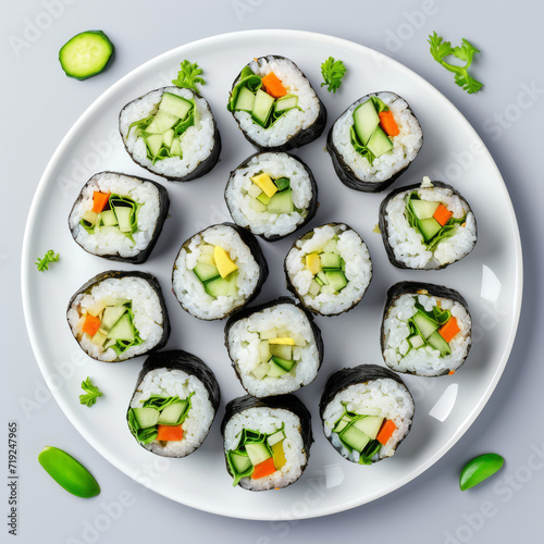 Neat circle of vegetarian sushi on a white plate.