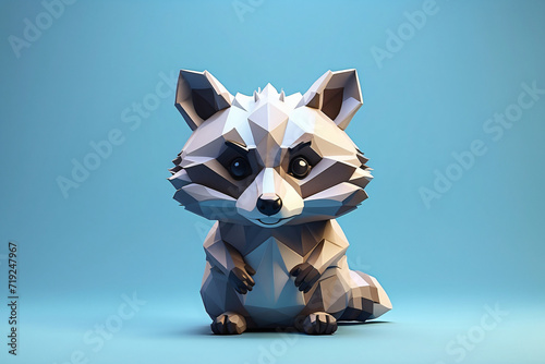 low poly 3d raccoon isolated blue background
