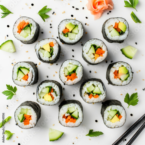 Vegetarian sushi rolls on plain background with herbs spread around.