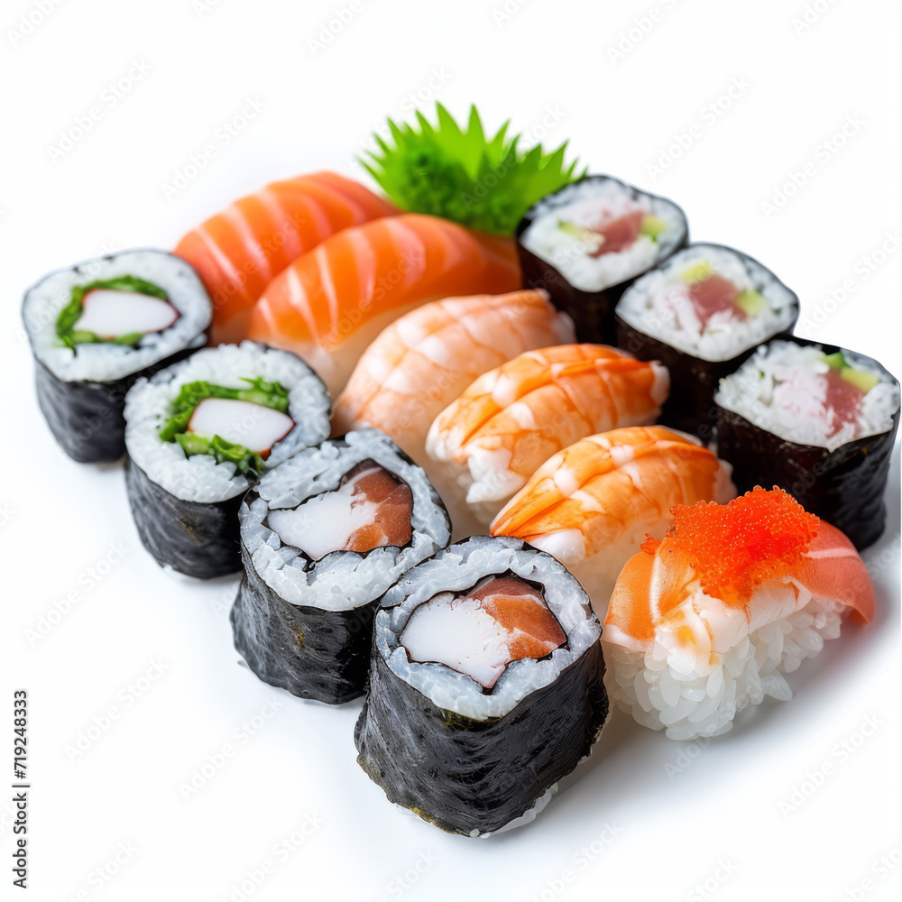 Artfully stacked sushi set on a white background. Artfully stacked sushi set on a white background.