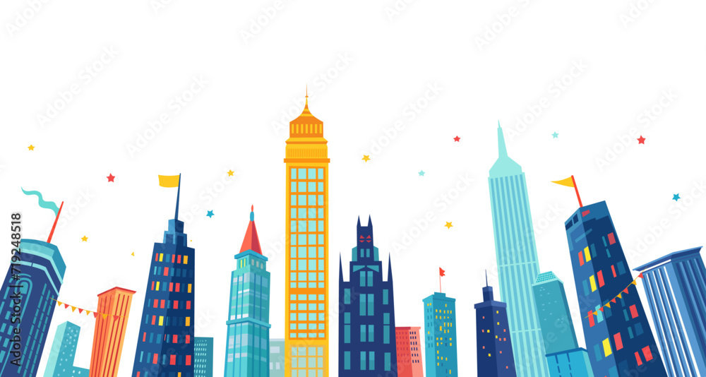Comic-style horizontal background for Super hero kids party with city silhouette and clouds. Metropolis Illustration