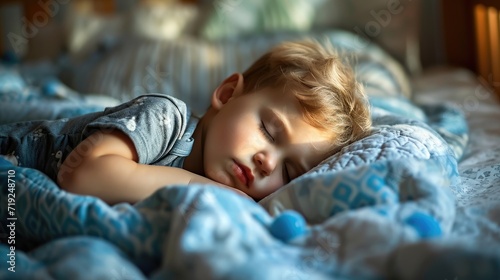Portrait of cute little boy sleeping on the bed at home.