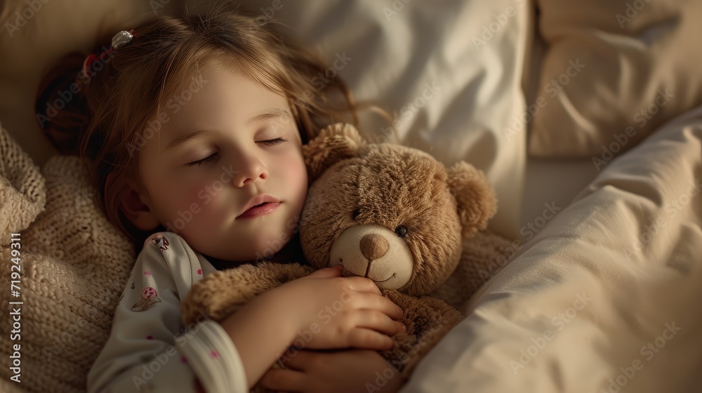 Cute little girl sleeping with plush toy bear on bed at home Cute little girl sleeping with plush toy bear on bed at home