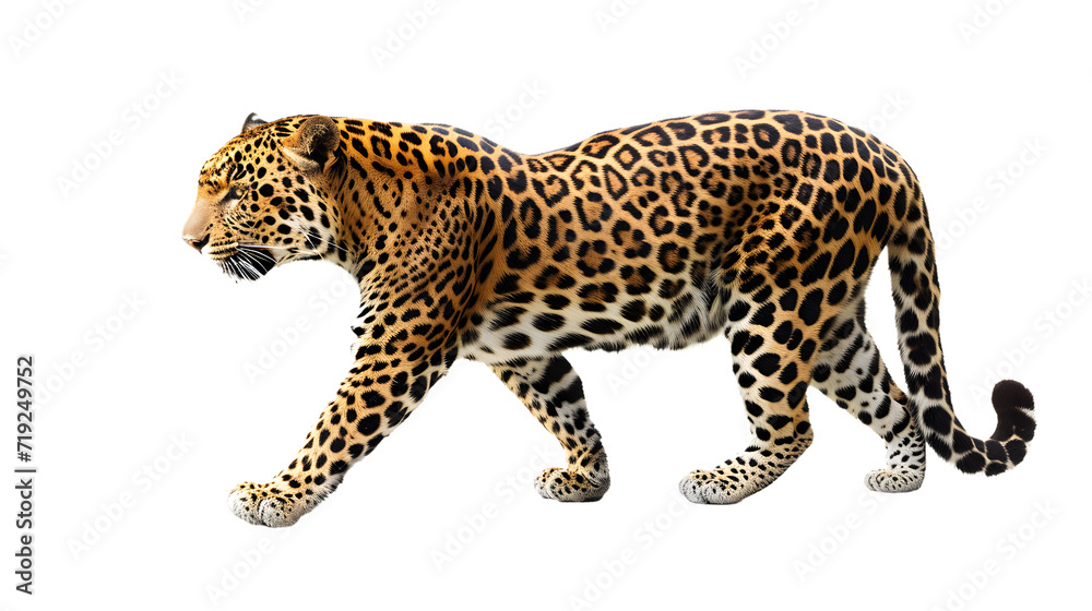 Majestic Leopard Walking on White Background Majestic Leopard Walking on White Background