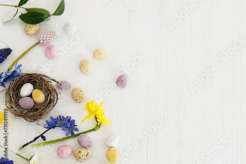 Easter rustic flat lay. Colorful easter chocolate eggs in nest, spring flowers, feathers border composition on white wooden table. Space for text. Happy Easter! Seasons greetings photo