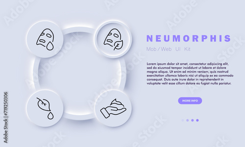 Cosmetics set line icon. Mask, skin moisturizing, cream, gel, Korean natural cosmetics. Neomorphism style. Vector line icon for business and advertising