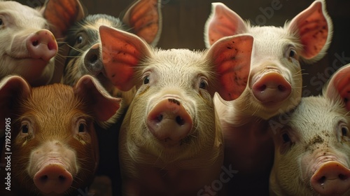 Group of pigs in a pigsty on a farm, close-up