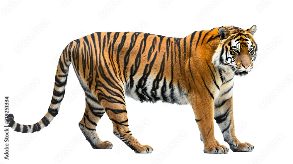 Majestic Tiger Walking Against White Background