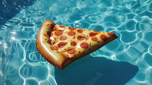 Inflatable mattress shaped like a slice of pizza floating in swimming pool. Top view. photo