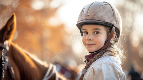 a child in a jockey's uniform rides a horse, horse riding, boy, girl, kid, hippodrome, rider, equestrian, horse racing, stable, sport, dressage, animal, saddle, helmet, training, nature © Julia Zarubina