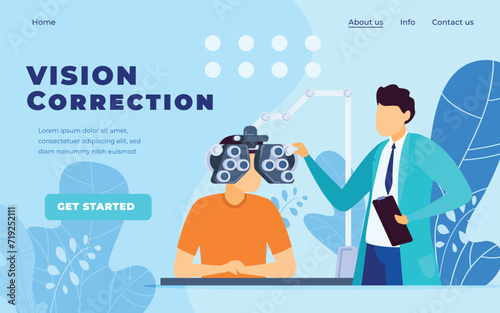 Optometrist conducting an eye exam on a patient using phoropter. Eye care professional consults during vision test. Patient at eye clinic receiving a sight check from an optician, optical equipment in