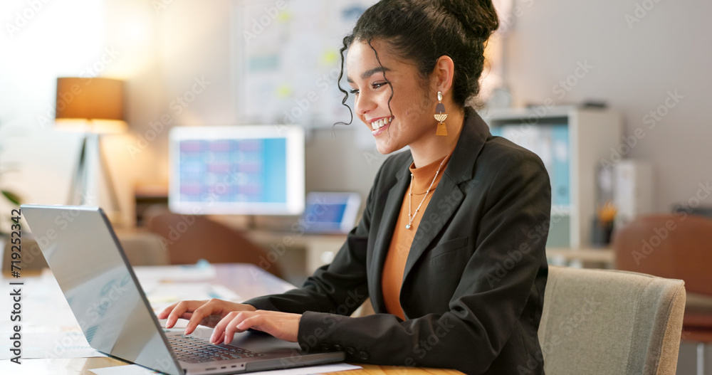 Happy businesswoman in office, typing on laptop and planning online research for creative project at digital agency. Internet, website and networking, woman with smile and computer for email review. Happy businesswoman in office, typing on laptop and planning online research for creative project at digital agency. Internet, website and networking, woman with smile and computer for email review.