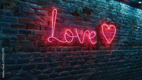 Neon love sign on brick wall background. Valentine's day concept.