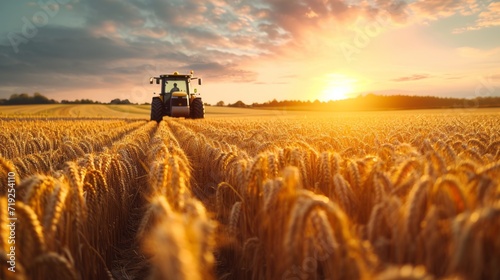 Front view of modern automated combine harvesting wheat ears on a bright summer day. Grain harvester in a vast golden wheat field. Blue cloudy sky with bright setting sun in the background.