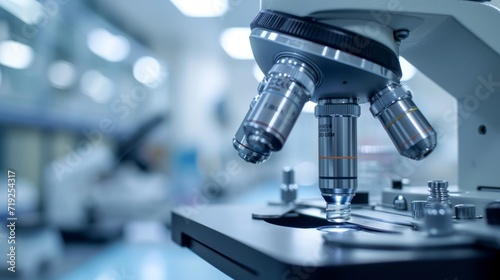 Close-up of scientist hands in sterile rubber gloves adjusting medical microscope for scientific research in laboratory. Development of vaccine components to treat the epidemic.