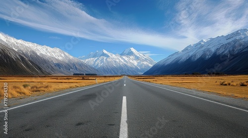 stunning snowcapped mountains and empty, unpopulated road, photo