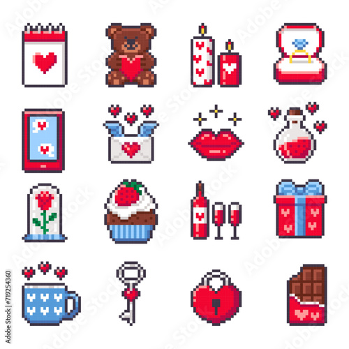 Valentine   s day pixel art set. Isolated vector icons with teddy bear  ring  calendar  rose  wine  love potion and cupcake. Pixelated love and romantic stickers in 8-bit style.