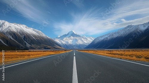 stunning snowcapped mountains and empty, unpopulated road, photo
