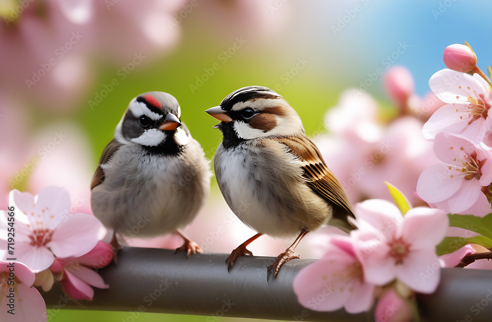 small funny Sparrow Chicks sit in the garden surrounded by pink Apple blossoms on a Sunny may day small funny Sparrow Chicks sit in the garden surrounded by pink Apple blossoms on a Sunny may day