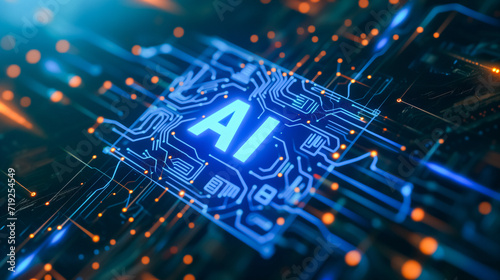 A vibrant neon light forms the letters “AI” in bright blue. The letters are surrounded by a complex network of blue and computer circuits or connections.  Future innovations in AI concept, background.
